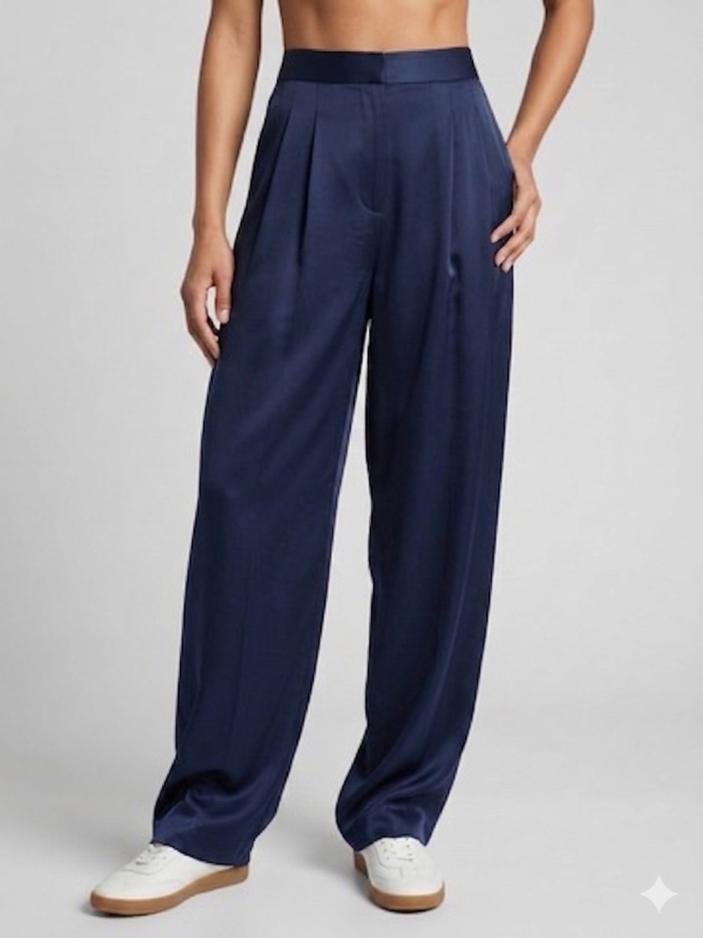 Wide-Leg Navy Satin Trousers